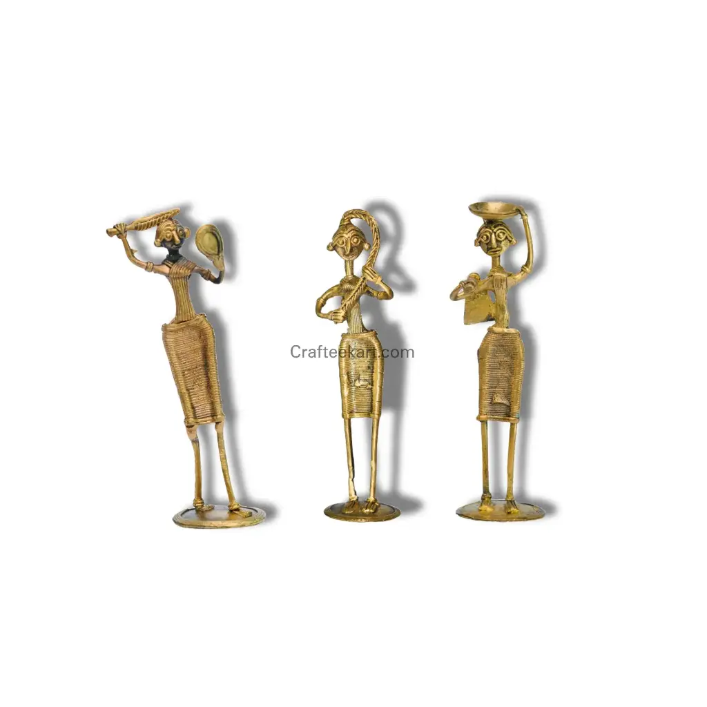 Three Tribal Dokra Figures in Daily Life Poses