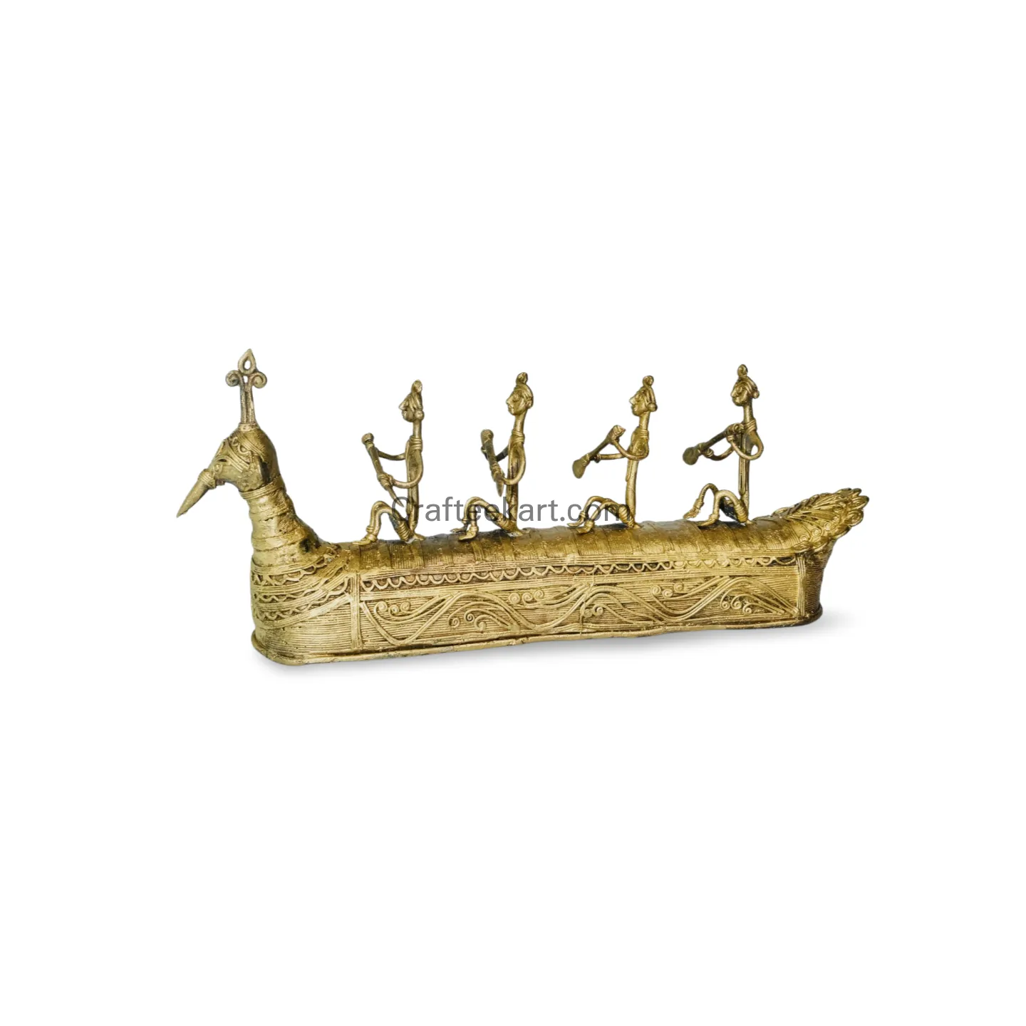 [DOK-BR-HUM-BOAT-L1-014] Dokra Tribal Boat with Rowers and Peacock Figurehead