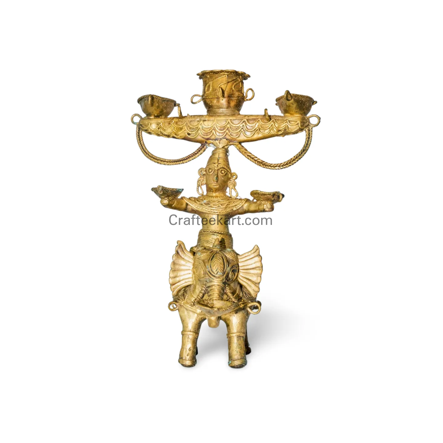 [DOK-BR-ELEP-LAMP-L1-013] Dokra Elephant-Base Bronze Oil Lamp Stand with Tribal Figurine